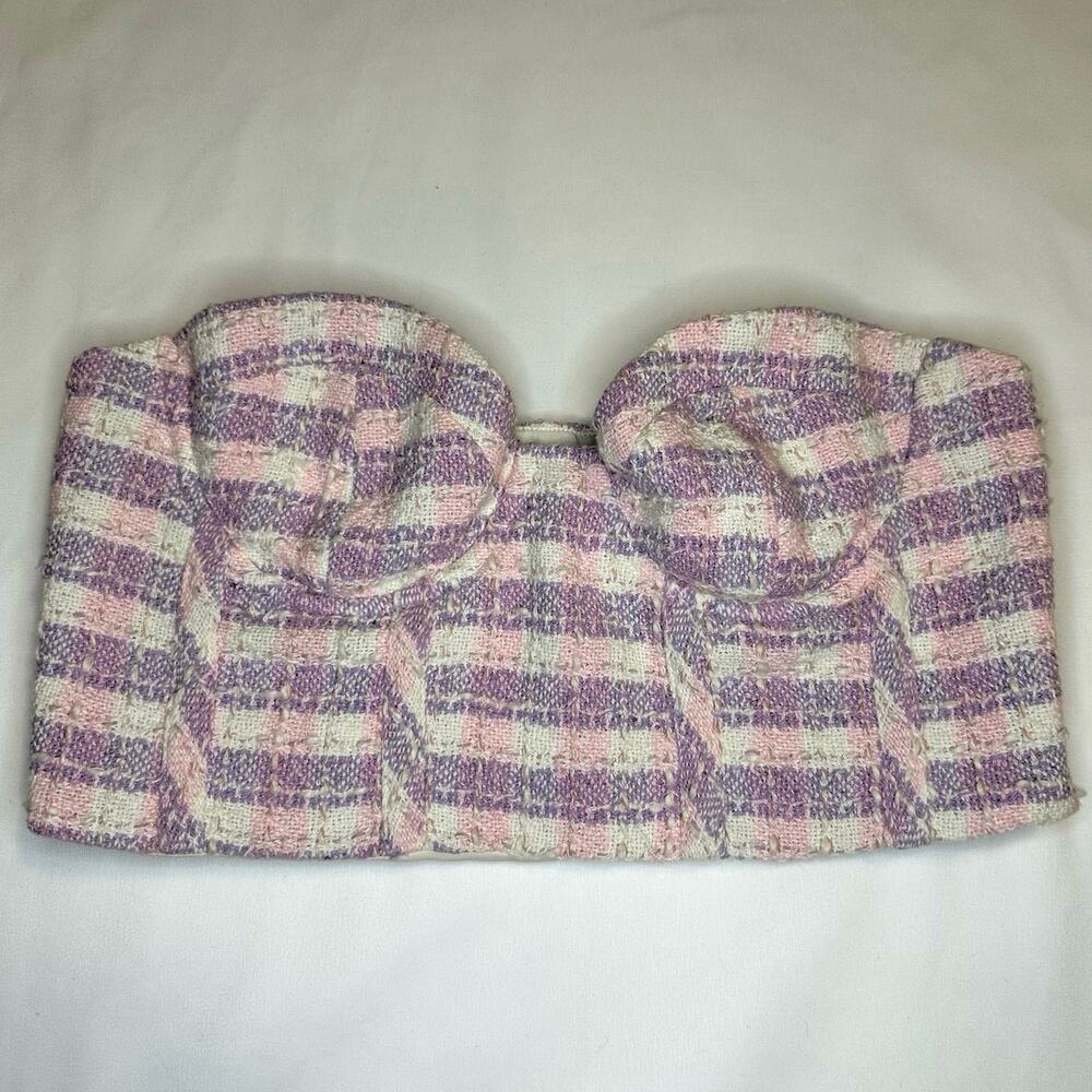 Zara Tweed Bustier Corset Crop Top in Pink and White - Size M